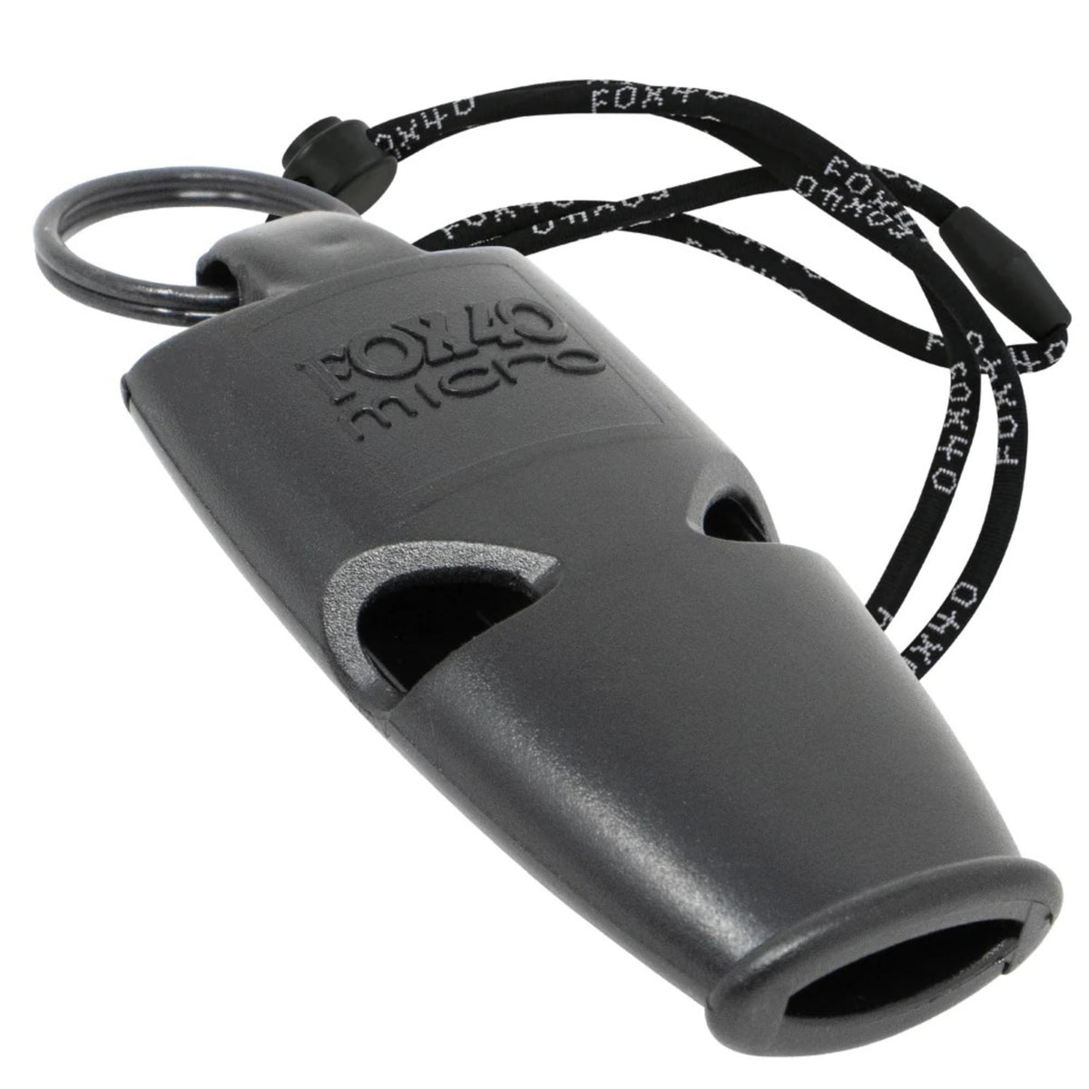 Compact safety whistle with attached key ring and breakaway lanyard for easy carrying and reliable signaling.