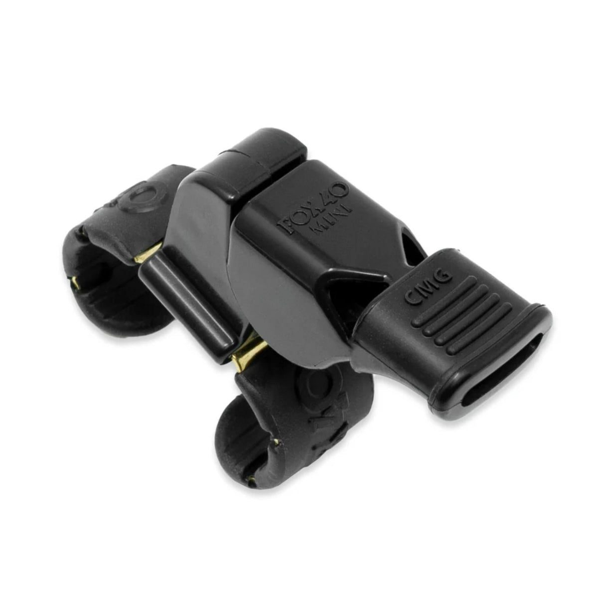 Compact safety whistle with cushioned mouthpiece and attached finger grip holder for secure handling and reliable signaling.