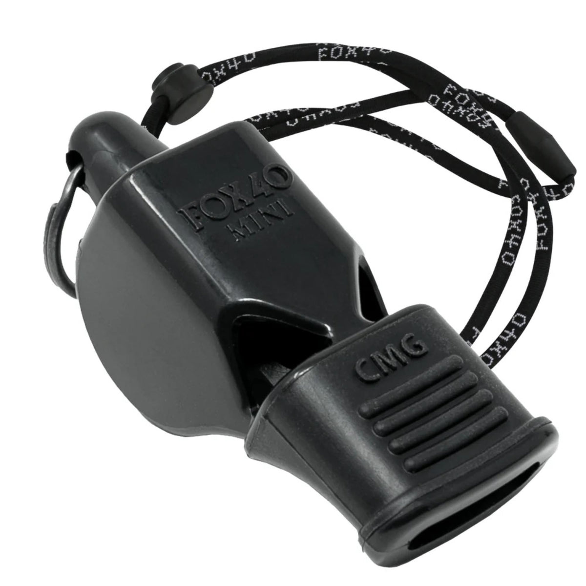 Compact safety whistle with cushioned mouthpiece, finger grip, and attached breakaway lanyard for convenient carrying and reliable signaling.