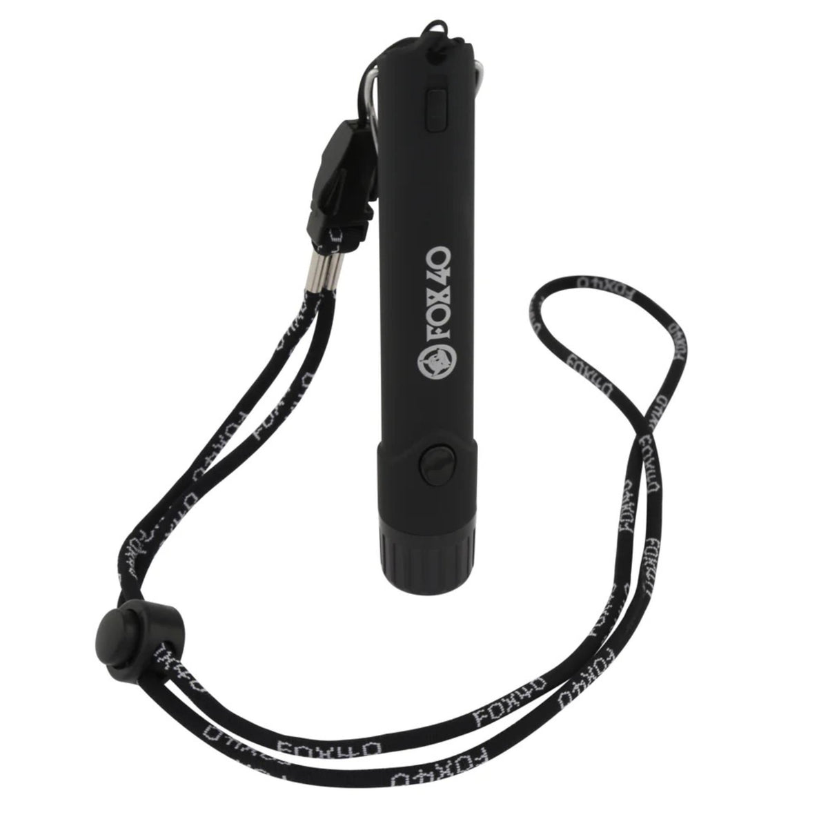 Compact electronic whistle device with push-button activation and attached lanyard for hands-free carrying and easy access.