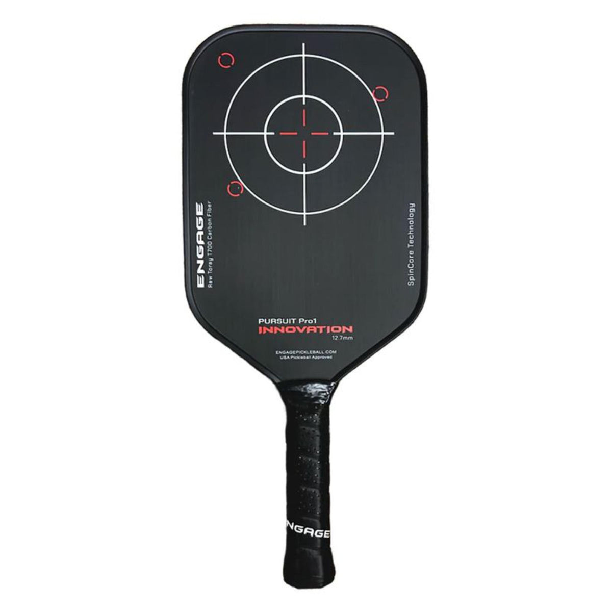 Engage Pursuit Pro1 Innovation pickleball paddle shown front-facing on a white background, featuring a matte black face with a circular target-style graphic accented in white and red. Vertical “ENGAGE” branding appears along the left edge, “SpinCore Technology” text runs vertically on the right, and red “INNOVATION” labeling with “Pursuit Pro1” appears near the throat. The paddle includes a black edge guard and a black perforated handle grip with Engage branding.