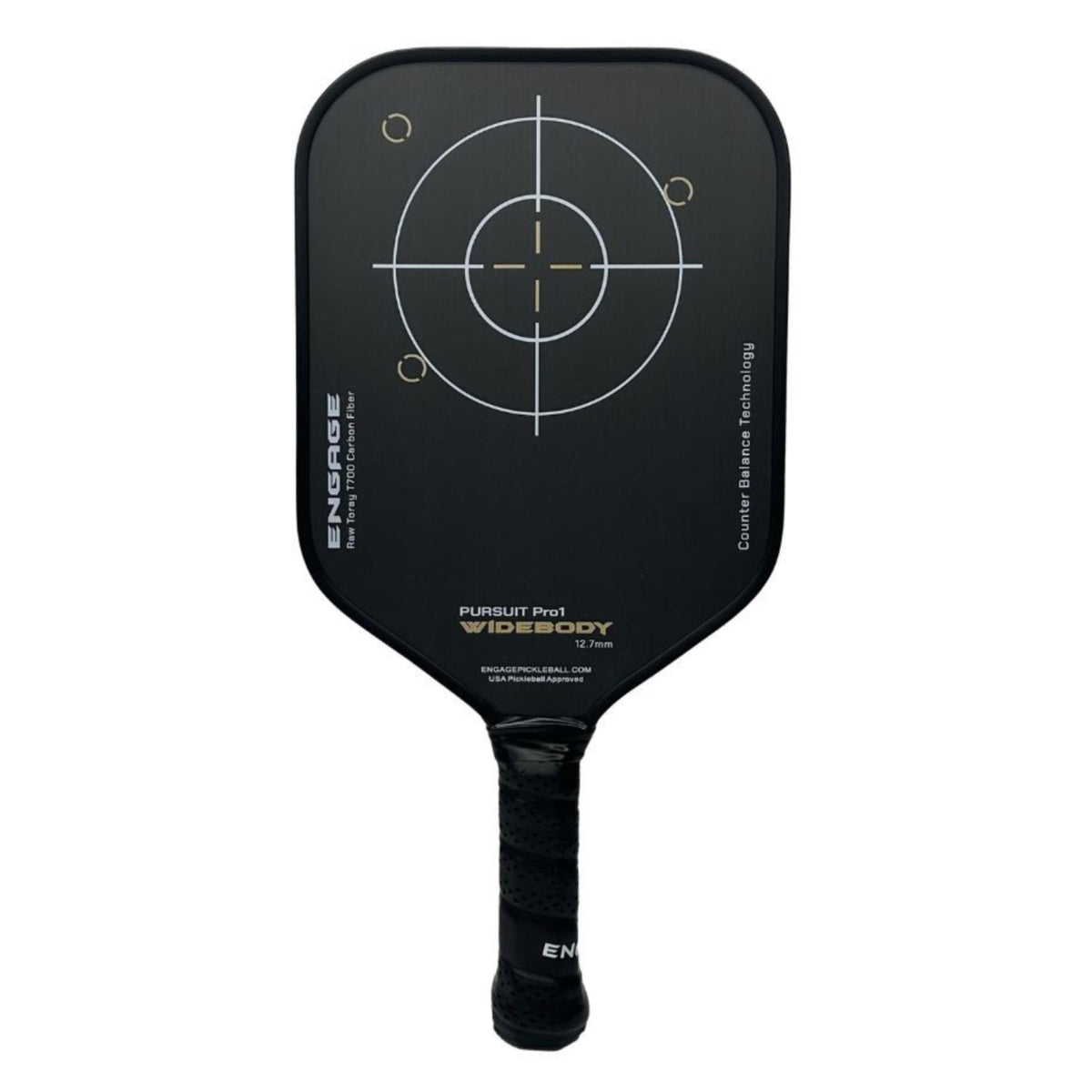 Engage Pursuit Pro1 Widebody pickleball paddle with black carbon fiber face, gold target graphics, and widebody shape on a white background