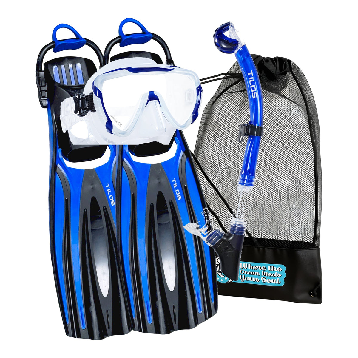 Tilos Morphi Mask, Orion Dry Snorkel & Forager Open-Heel Fins Set