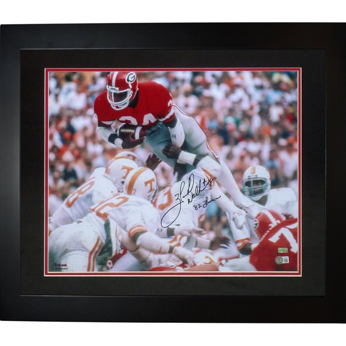 Herschel Walker Autographed Georgia Bulldogs (Up And Over Horiz) Deluxe Framed 16x20 Photo w/ "82 Heisman" - Beckett