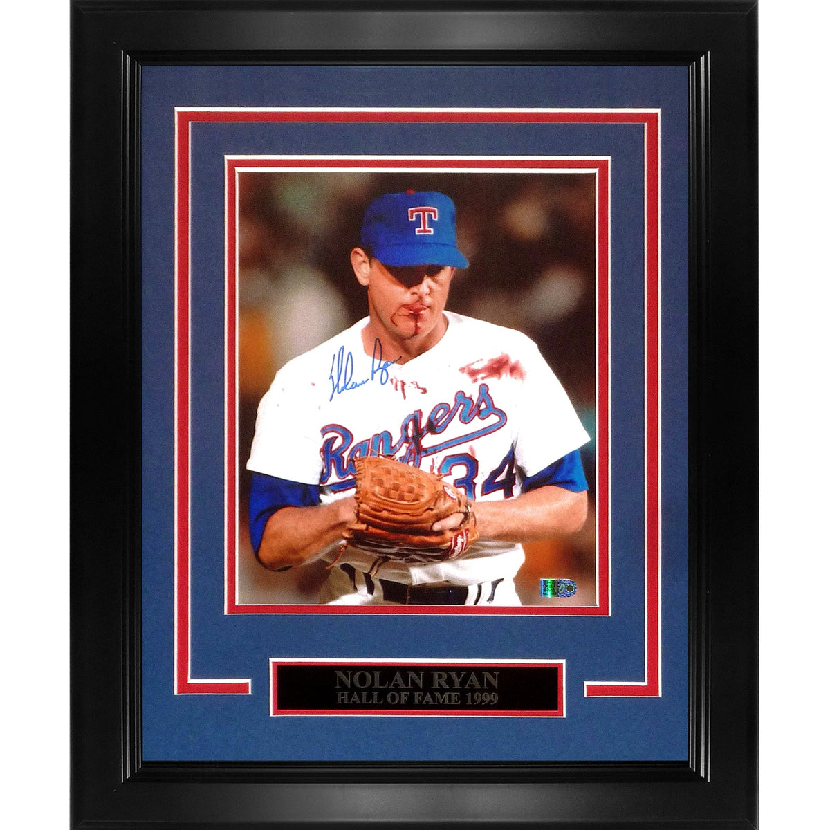 Nolan Ryan Autographed Texas Rangers (Bloody Lip) Deluxe Framed 8x10 Photo - Beckett