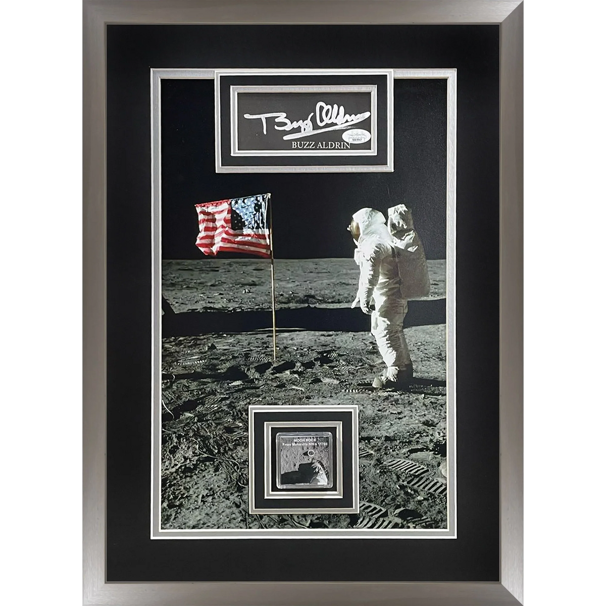 Buzz Aldrin Autographed Apollo 11 Moon Landing (with American Flag) Deluxe Framed 13x19 Photo with Floating Matted Signature and Genuine Moon Rock - JSA
