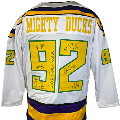 Mighty Ducks Cast Autographed (White #92) Custom Hockey Jersey w/ Quack Quack Quack - 6 Signatures - Beckett
