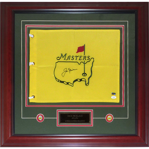 Jack Nicklaus Autographed Undated Masters Golf Pin Flag Deluxe Framed with Nameplate and Ball Markers - JSA