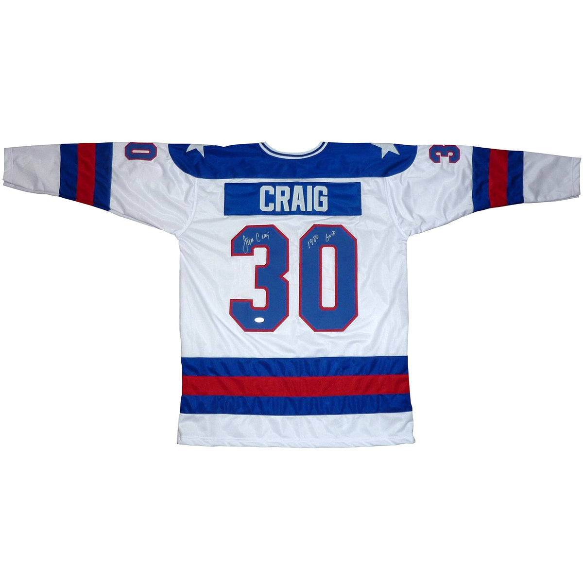 Jim Craig Autographed USA Hockey (White #30) Custom Stitched Jersey with 1980 Gold - JSA