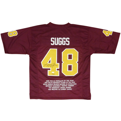 Terrell Suggs Autographed Arizona State Sun Devils (Maroon #48) Custom STAT Jersey - JSA