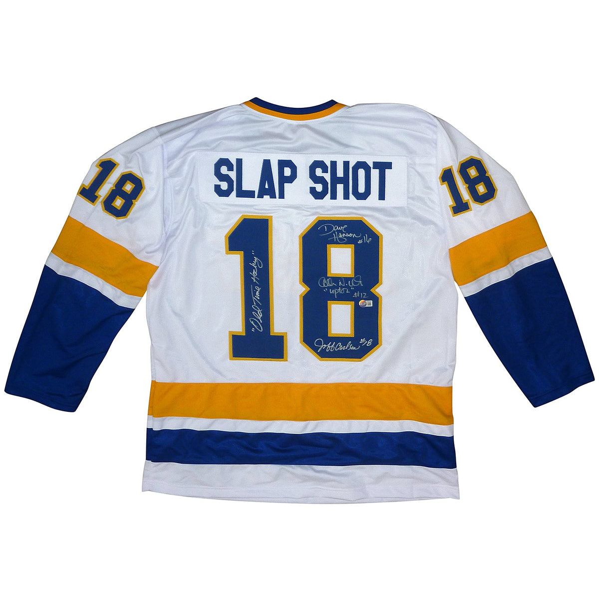 Hanson Brothers Autographed Slap Shot Movie Chiefs (White #18) Custom Hockey Jersey w/ "Old Time Hockey" - Beckett