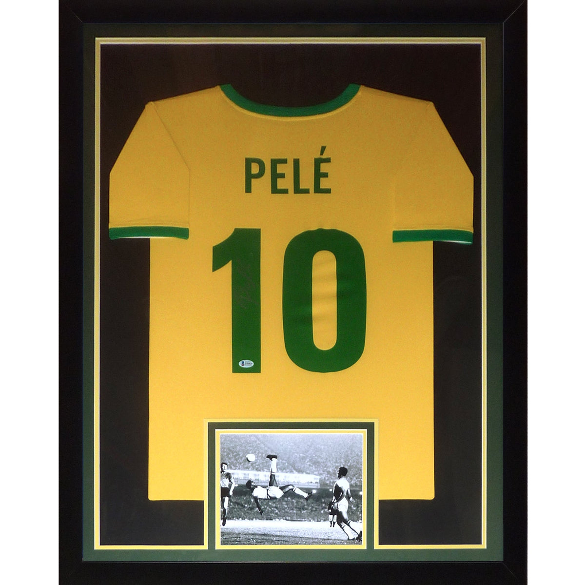 Pele Autographed Brazil Soccer (Yellow #10) Black Framed Jersey - PSADNA