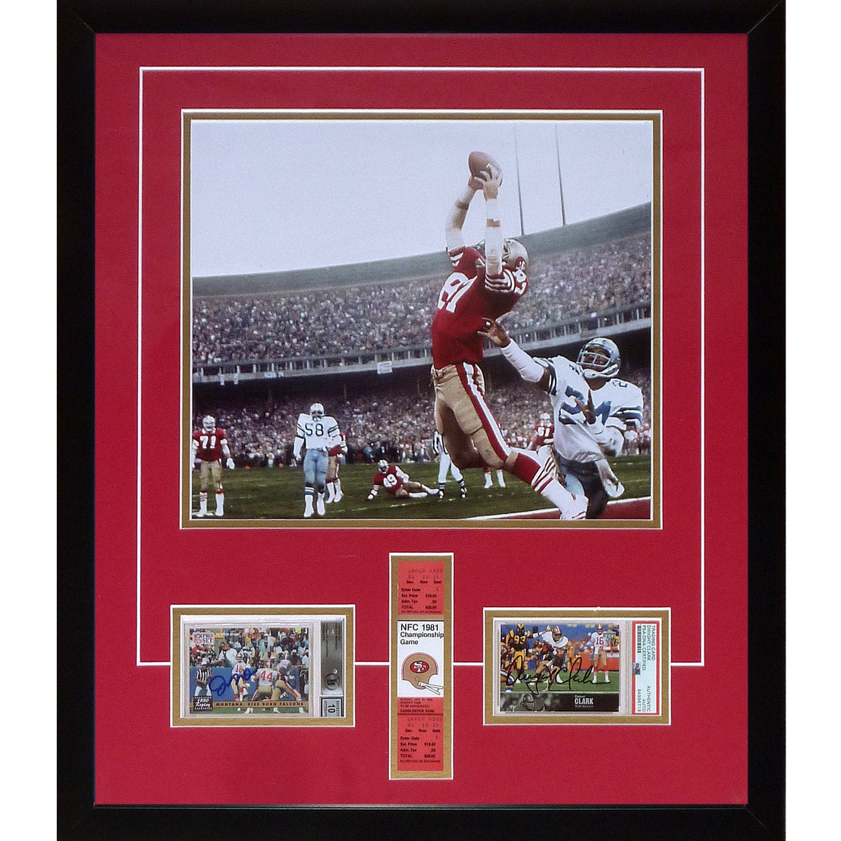 Joe Montana And Dwight Clark Autographed Football Card Deluxe Framed with San Francisco 49ers "The Catch" 11x14 Photo - Beckett
