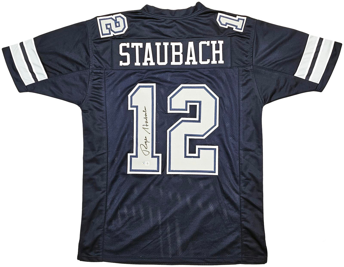 Roger Staubach Autographed Dallas Cowboys (Navy Blue #12) Custom Jersey - Beckett