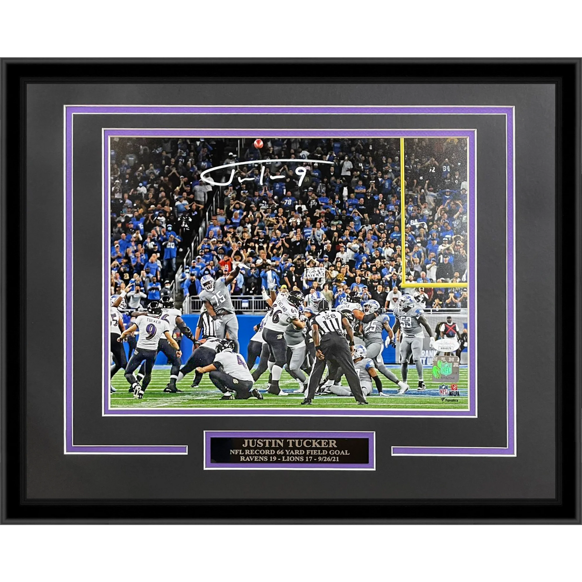 Justin Tucker Autographed Baltimore Ravens (66 Yard FG) Deluxe Framed 11x14 Photo - JSA