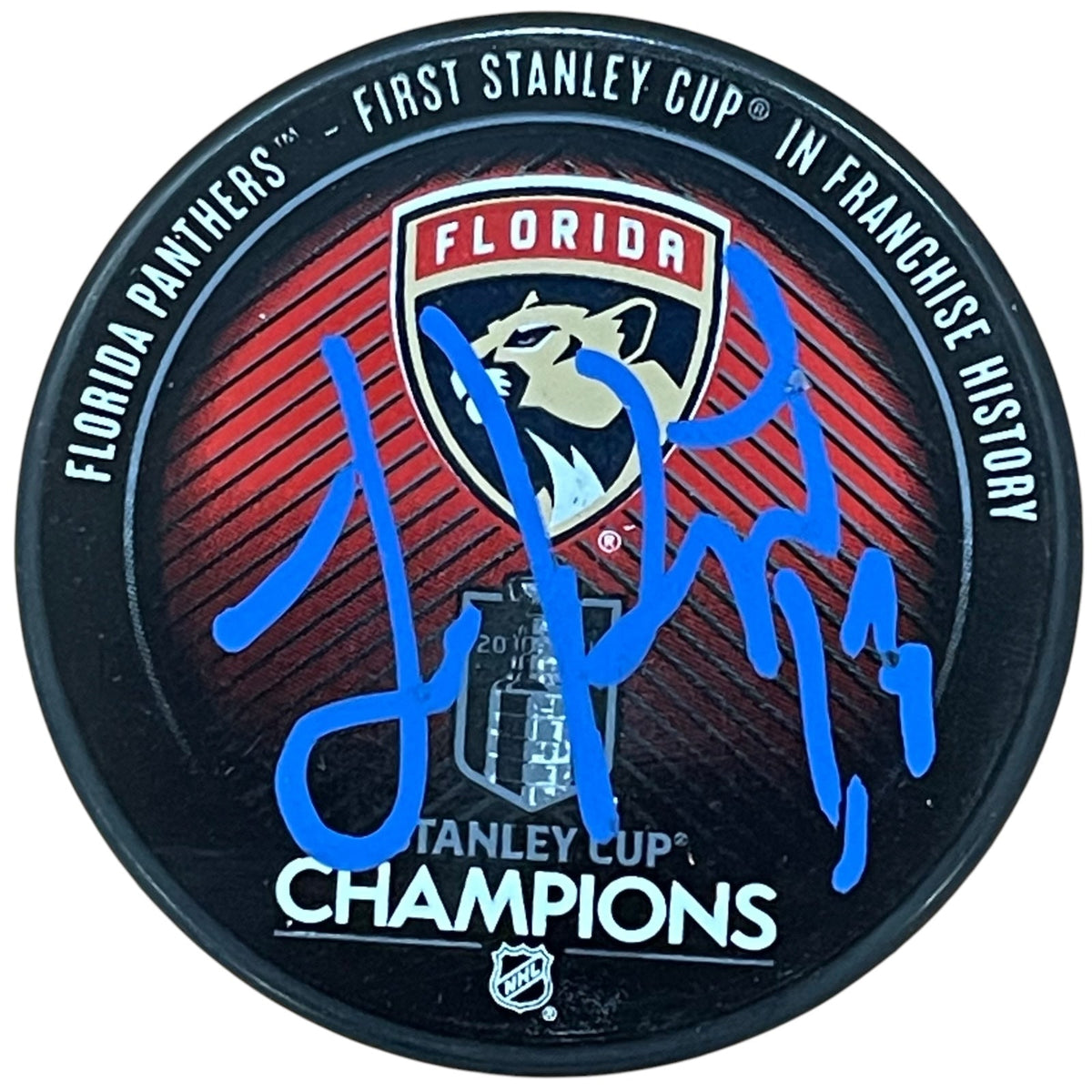 Sam Reinhart Autographed Florida Panthers (2024 Stanley Cup Champs Logo) Hockey Puck - JSA