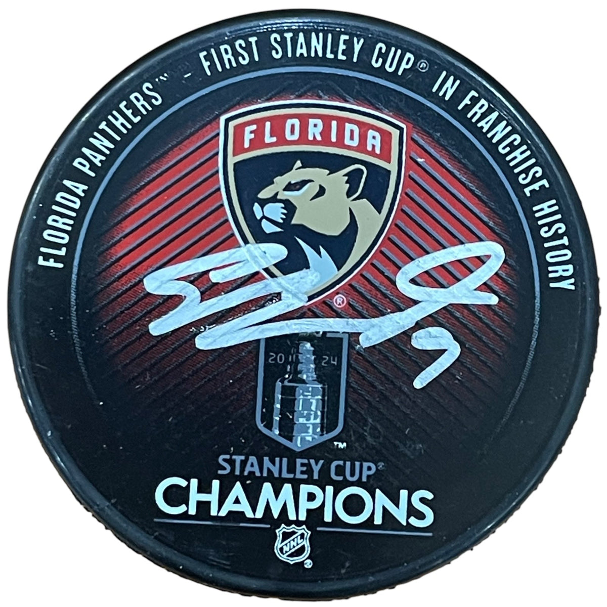 Sam Bennett Autographed Florida Panthers (2024 Stanley Cup Champs Logo) Hockey Puck - JSA