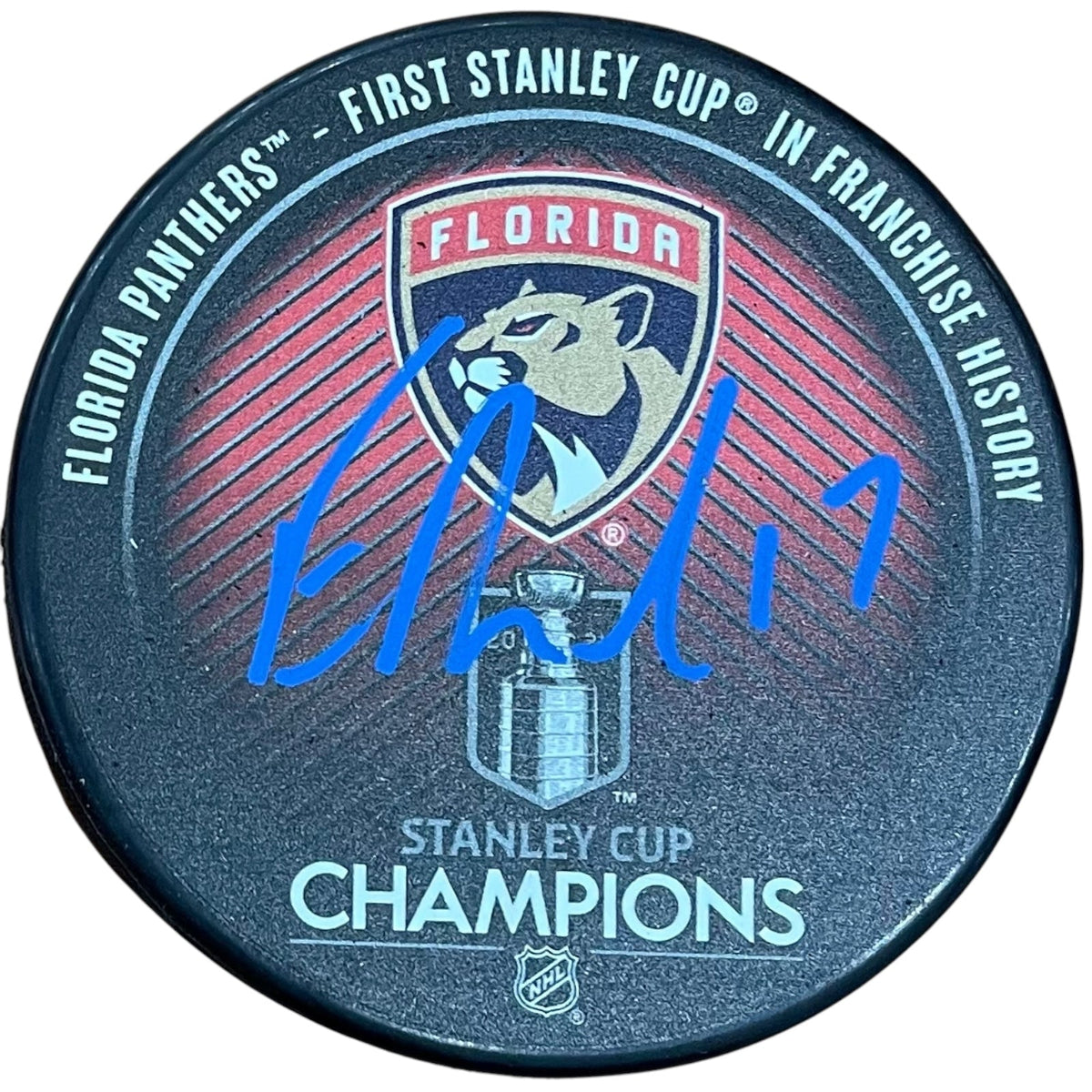 Evan Rodrigues Autographed Florida Panthers (Stanley Cup Champs Logo) Hockey Puck - JSA