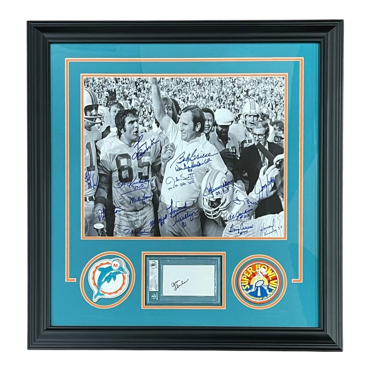 1972 Miami Dolphins Team (Undefeated Season) and Coach Don Shula Deluxe Framed Celebration 16x20 Photo with Patches Autographed - JSA, Beckett