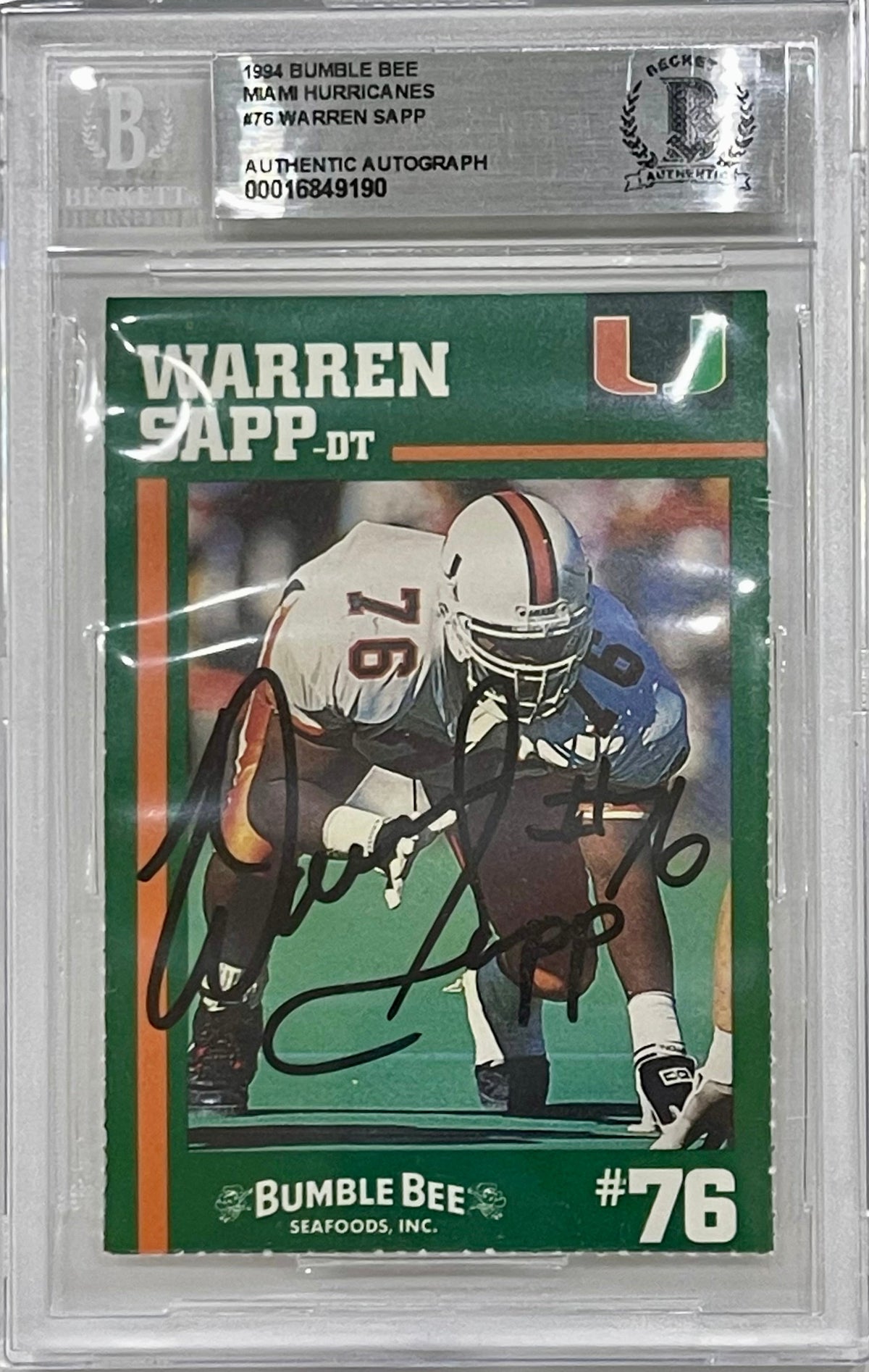 Warren Sapp Autographed 1994 Miami Hurricanes Bumble Bee Card - Beckett Slab