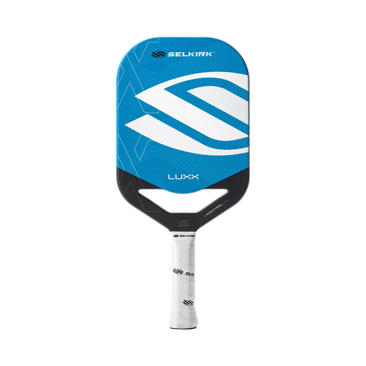 Selkirk LUXX Control Air pickleball paddle with a textured face, elongated shape, and cushioned grip handle designed for control and precision.