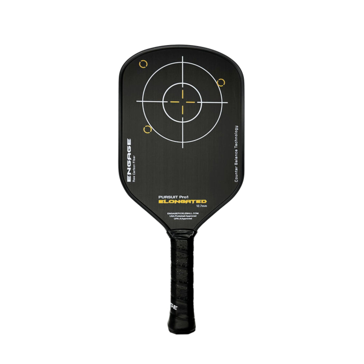 Engage Pursuit Pro1 elongated pickleball paddle with raw T700 carbon fiber face and gold target graphic on black surface