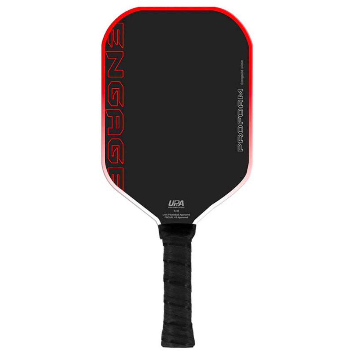 Engage ProForm pickleball paddle shown front-facing on a white background, featuring a matte black paddle face with a bold red edge guard and red “ENGAGE” branding along the left side. The paddle has a black wrapped handle grip, “ProForm” text on the right edge, and a USA Pickleball Approved mark near the throat.