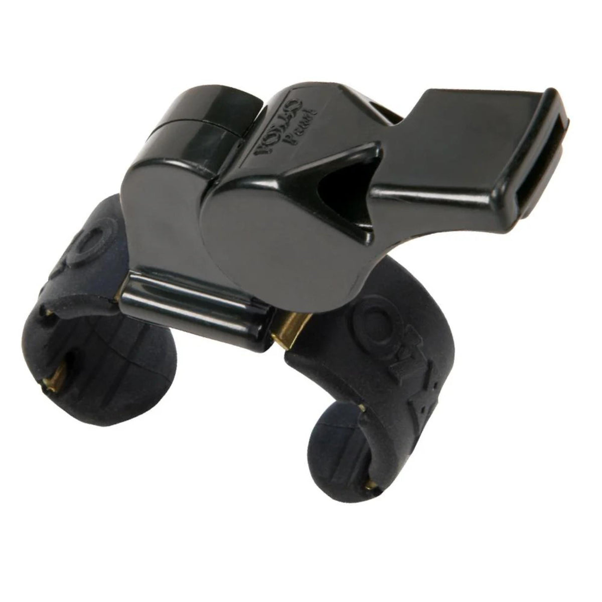 Compact safety whistle with finger grip holder and key ring attachment for secure handling and reliable signaling.