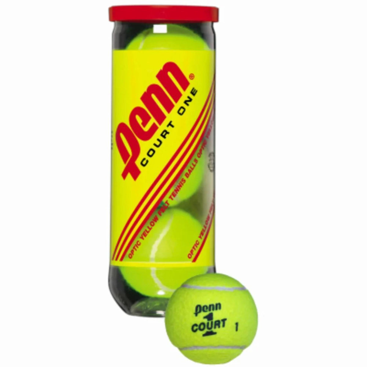 Can of tennis balls with labeled packaging and sealed lid.