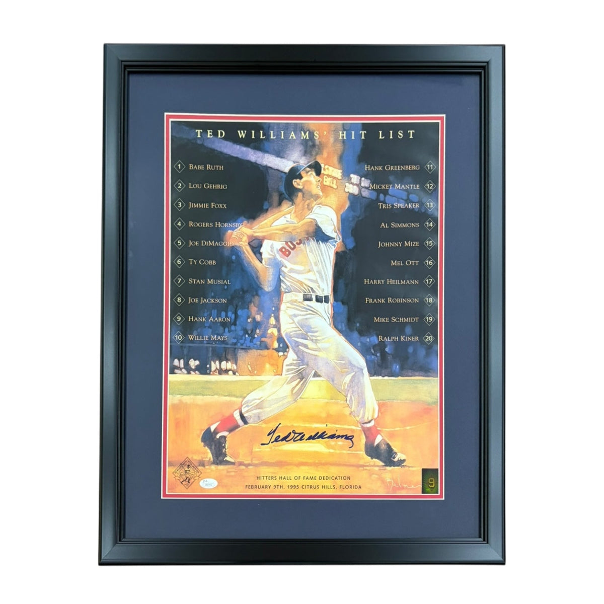 Ted Williams Autographed Boston Red Sox Deluxe Framed 16x20 Hit List Poster - Green Diamond, JSA