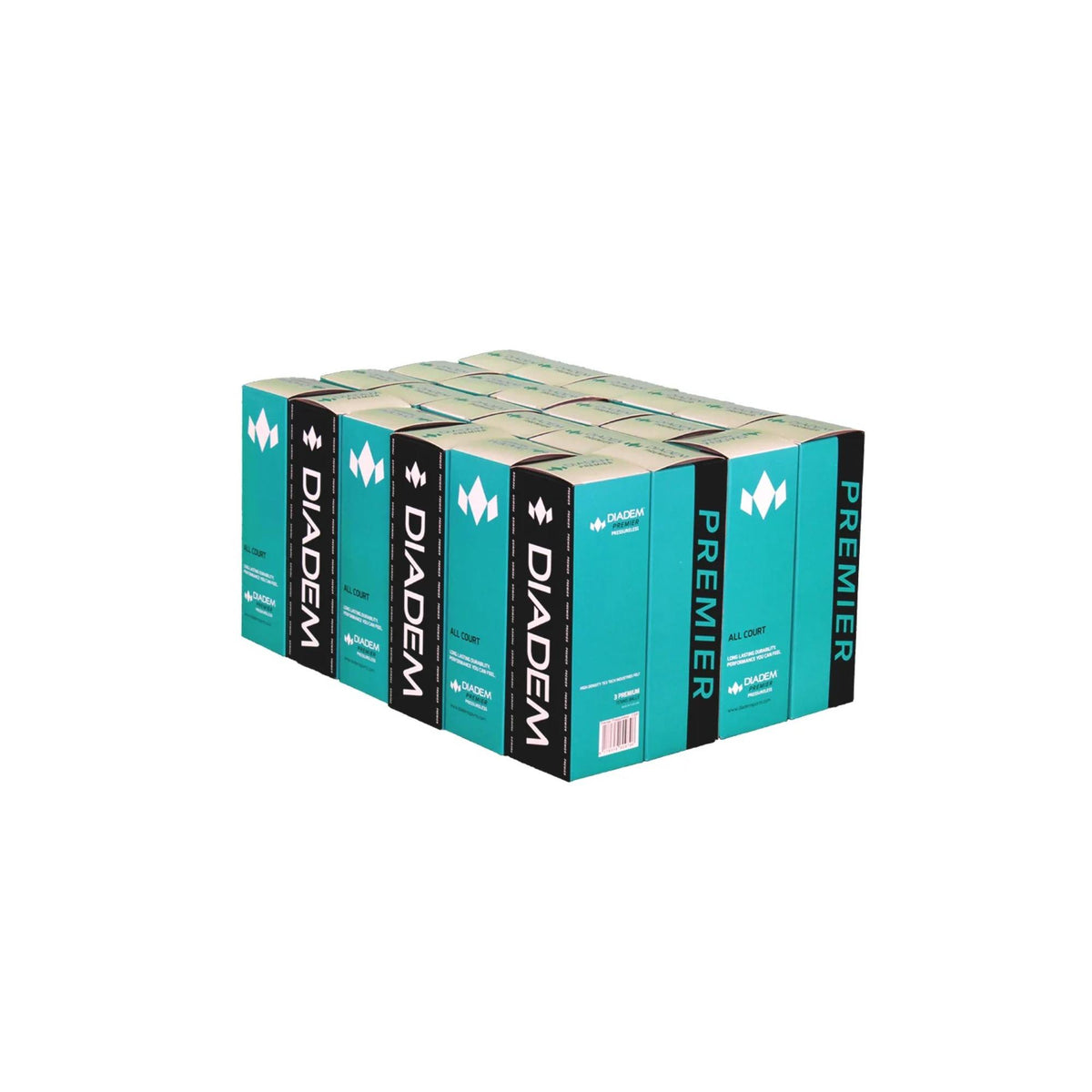 Diadem Premier pressureless tennis balls case featuring multiple boxes arranged together in bulk packaging.