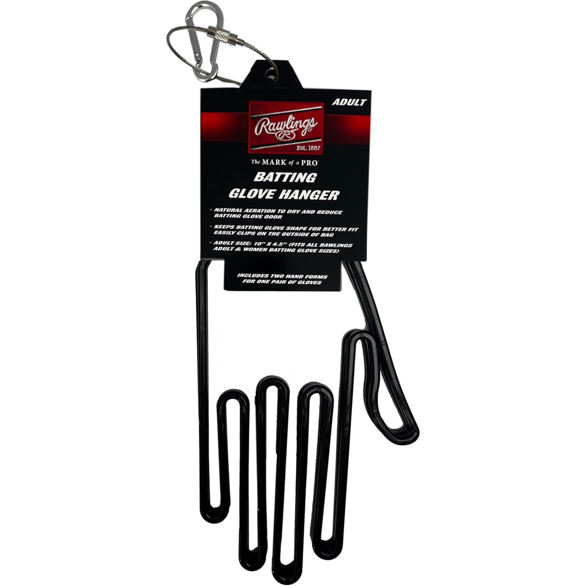 Rawlings batting glove hanger with clip, designed to hold and air-dry baseball or softball batting gloves while maintaining their shape.