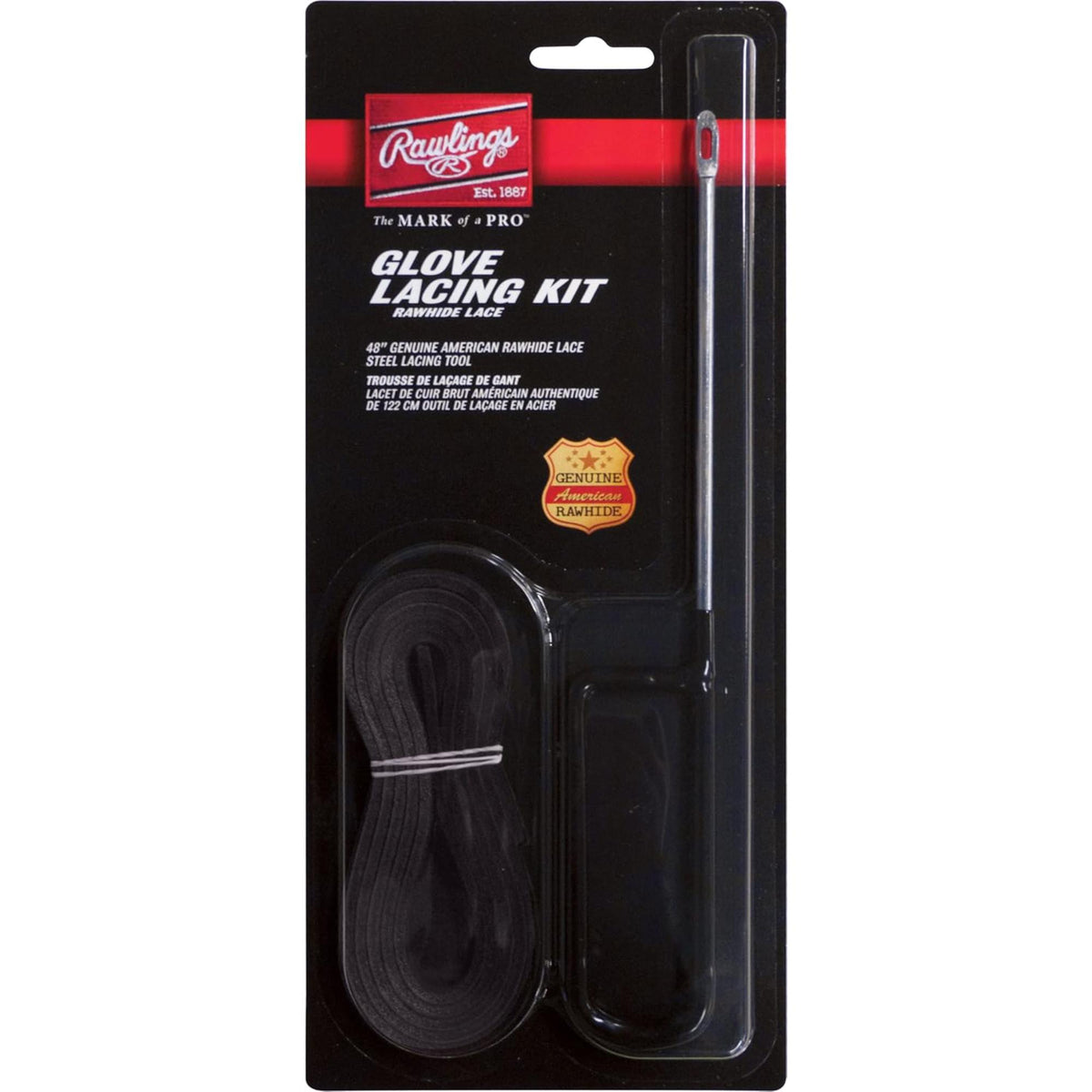 Rawlings glove re-lacing pro kit with rawhide lace and steel lacing tool for repairing and maintaining baseball and softball gloves.