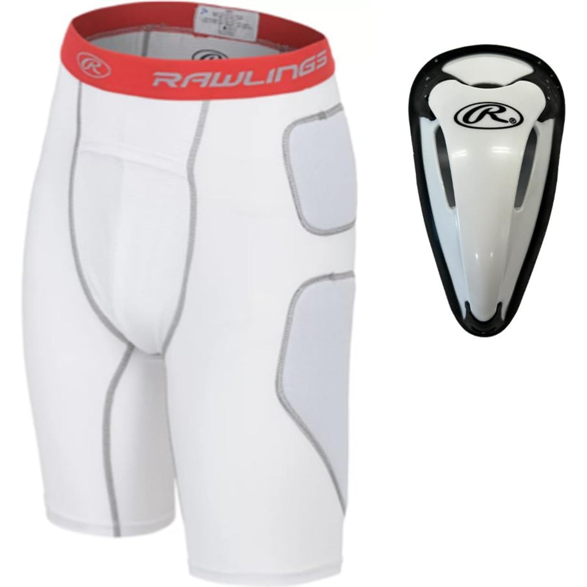 Rawlings sliding shorts with built-in padding and protective athletic cup, designed for baseball and softball players to provide comfort and protection while sliding and fielding.