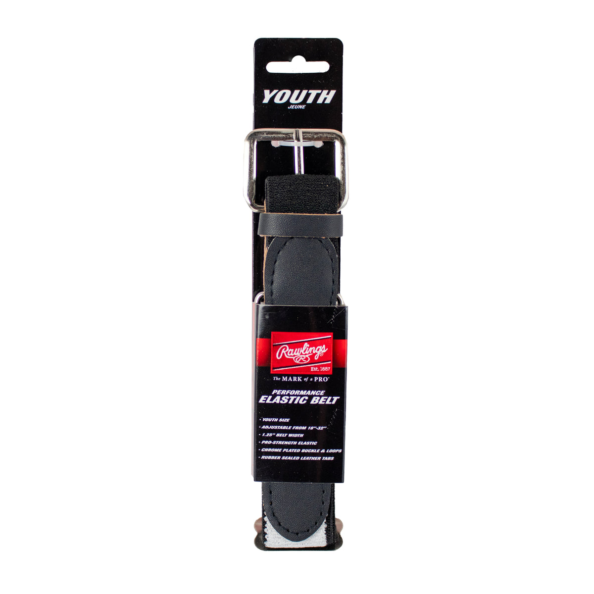Rawlings Game Day youth baseball and softball elastic belt in black, featuring an adjustable fit (18–34 inches), chrome-plated buckle, and durable elastic strap for secure game-day performance. ⚾