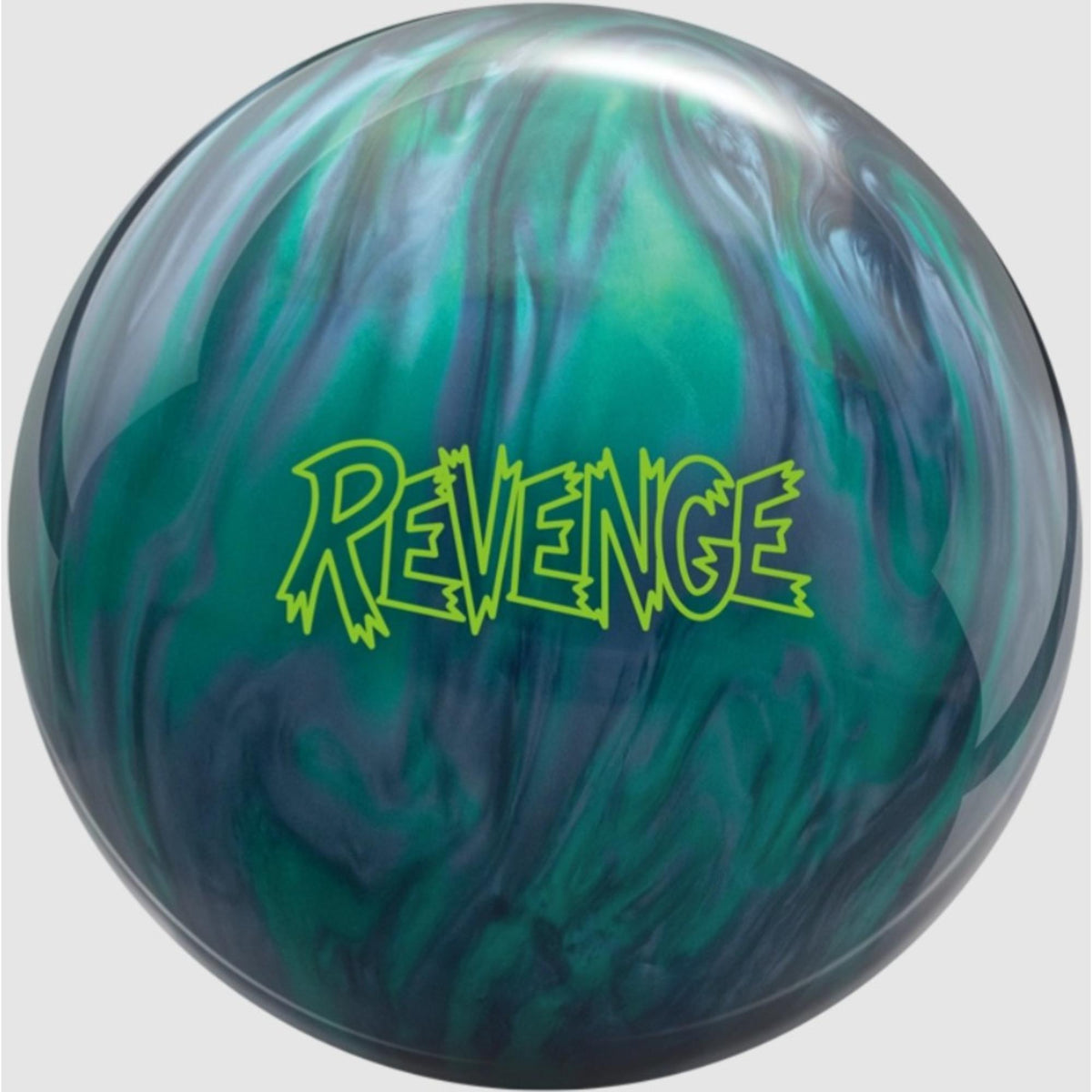Bowling ball with a glossy pearl finish featuring a swirling pattern and bold logo text, designed for performance and consistent lane control.