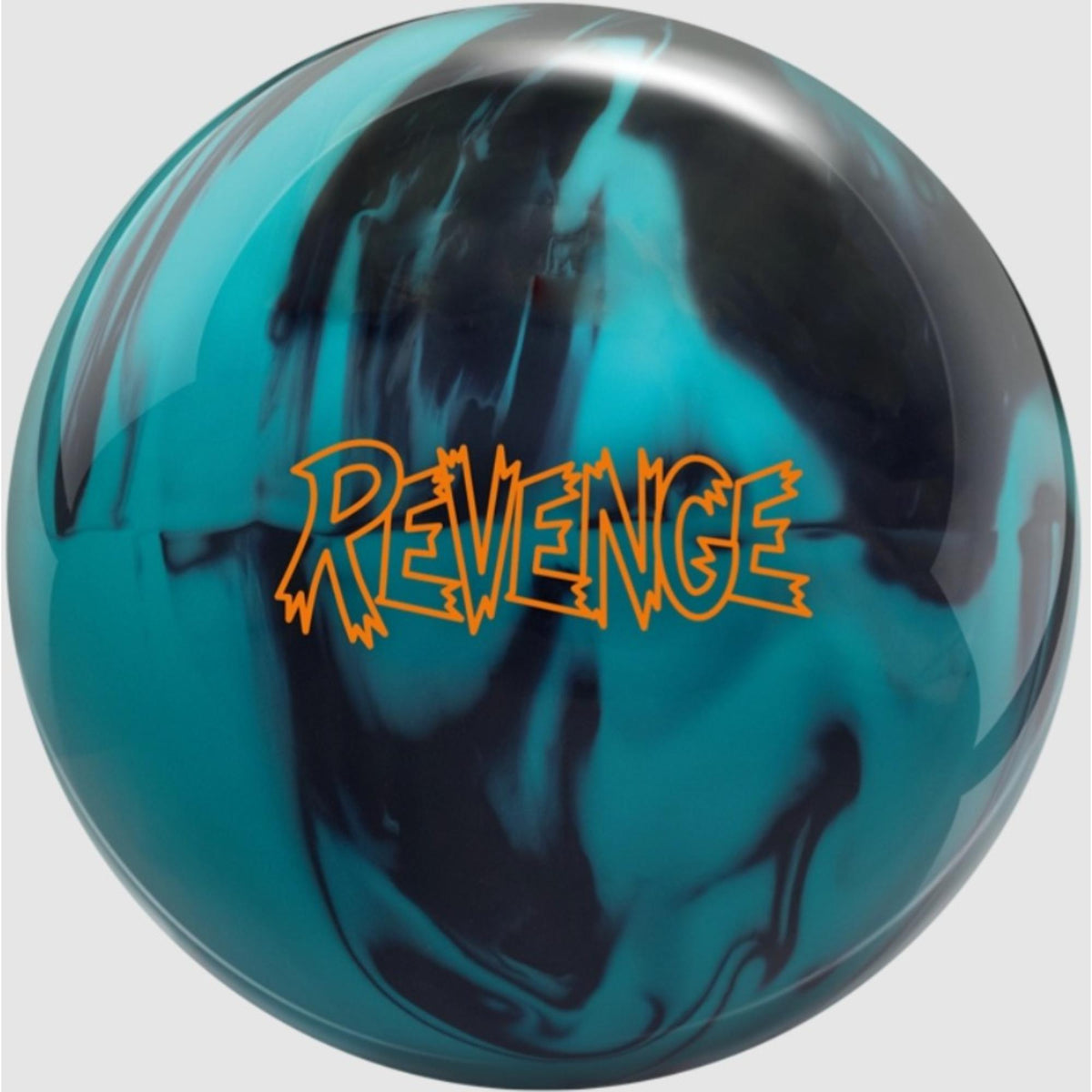 Bowling ball with a glossy solid finish featuring a swirling pattern and bold logo text, designed for strong traction and controlled performance on the lane.