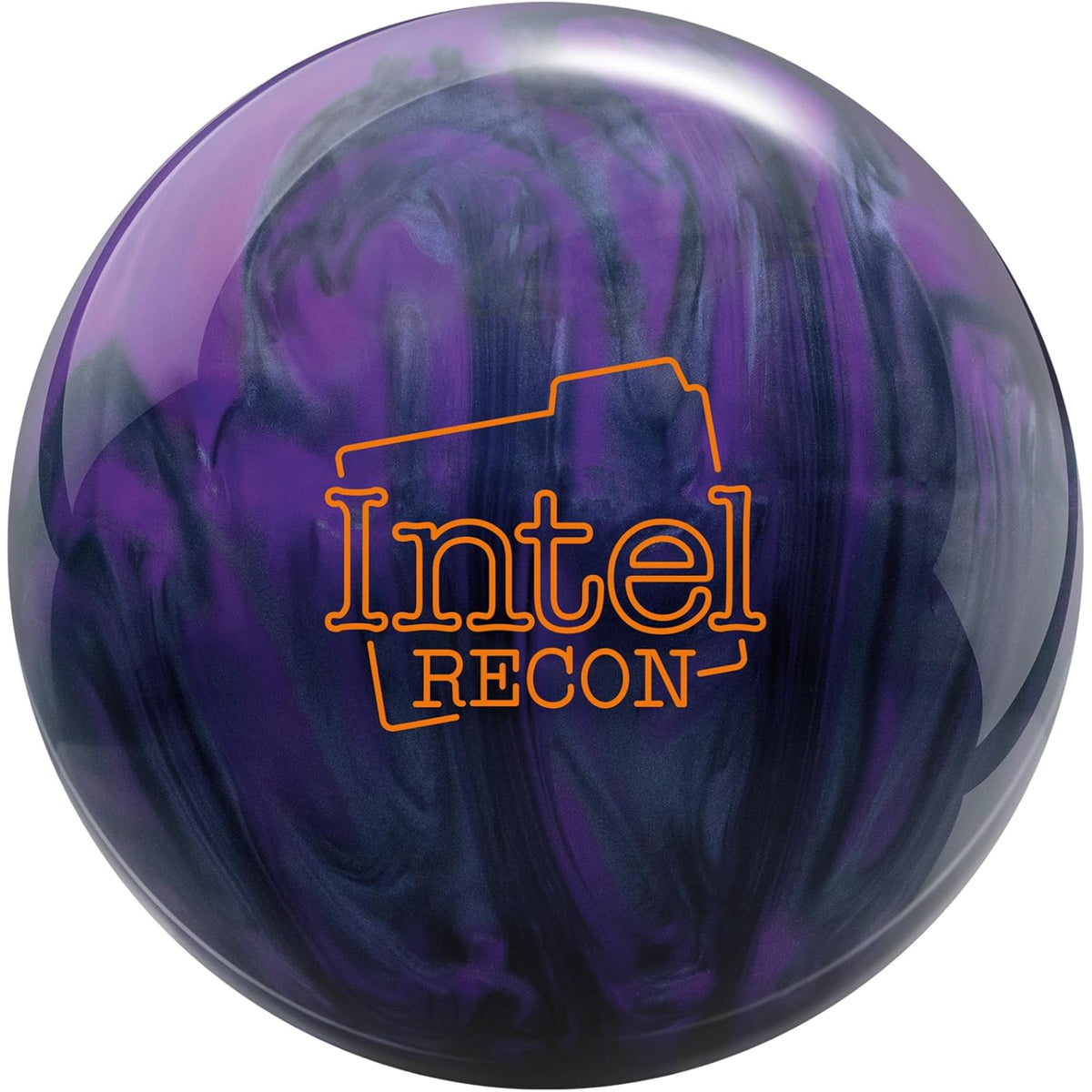 Purple and black Intel Recon bowling ball on a white background