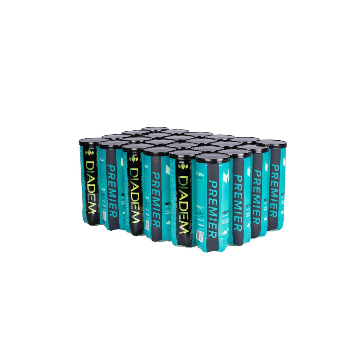 Diadem Premier Regular Duty tennis balls case featuring multiple canisters arranged together in bulk packaging.