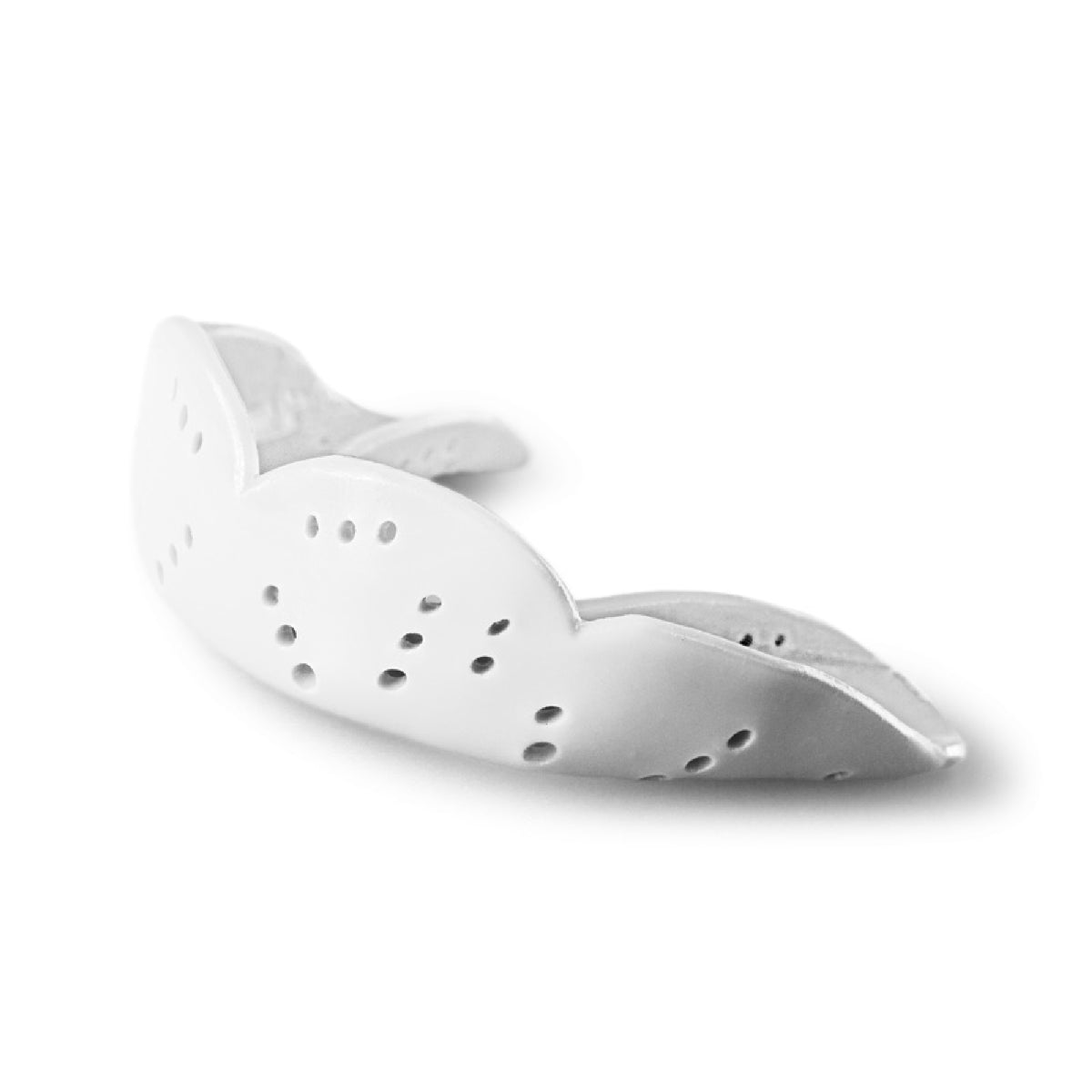 Medium size sports mouthguard with slim low-profile design and multiple ventilation holes for comfort, airflow, and protection during athletic activities.