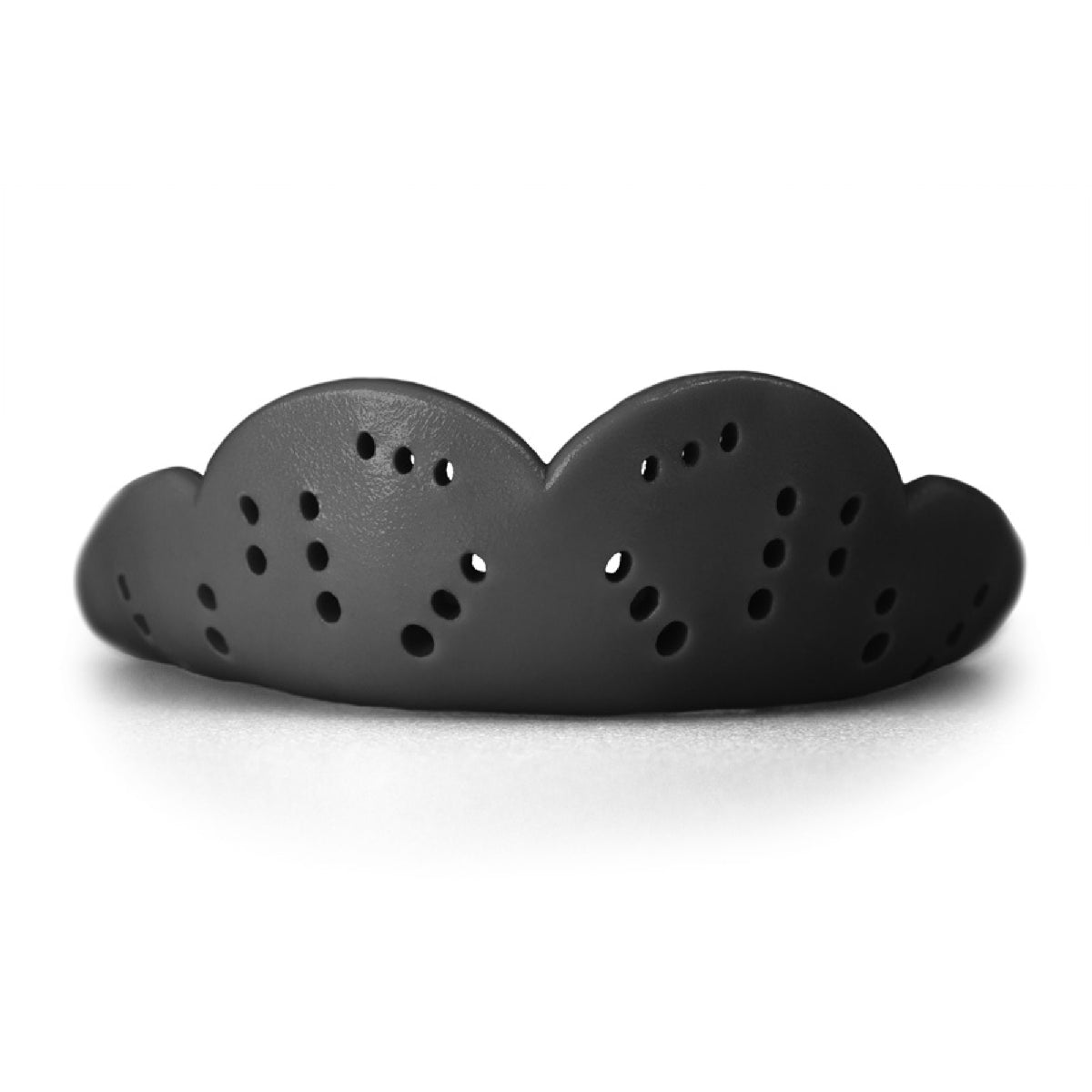 Heavy-duty sports mouthguard with contoured shape and multiple ventilation holes for enhanced protection and airflow during athletic activities.