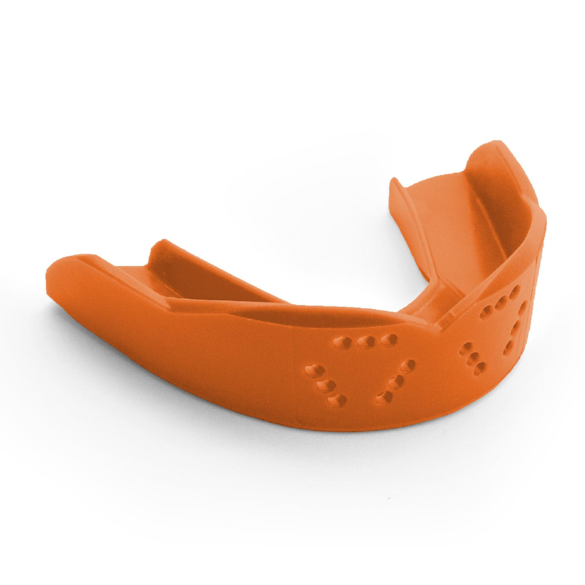 Youth sports mouthguard with slim contoured design and multiple ventilation holes for breathability and protection during athletic activities.