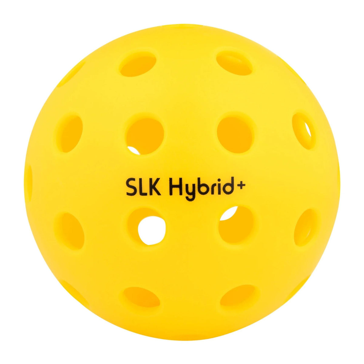 Selkirk SLK Hybrid+ pickleball ball with a durable plastic construction and evenly spaced holes for consistent flight and performance.