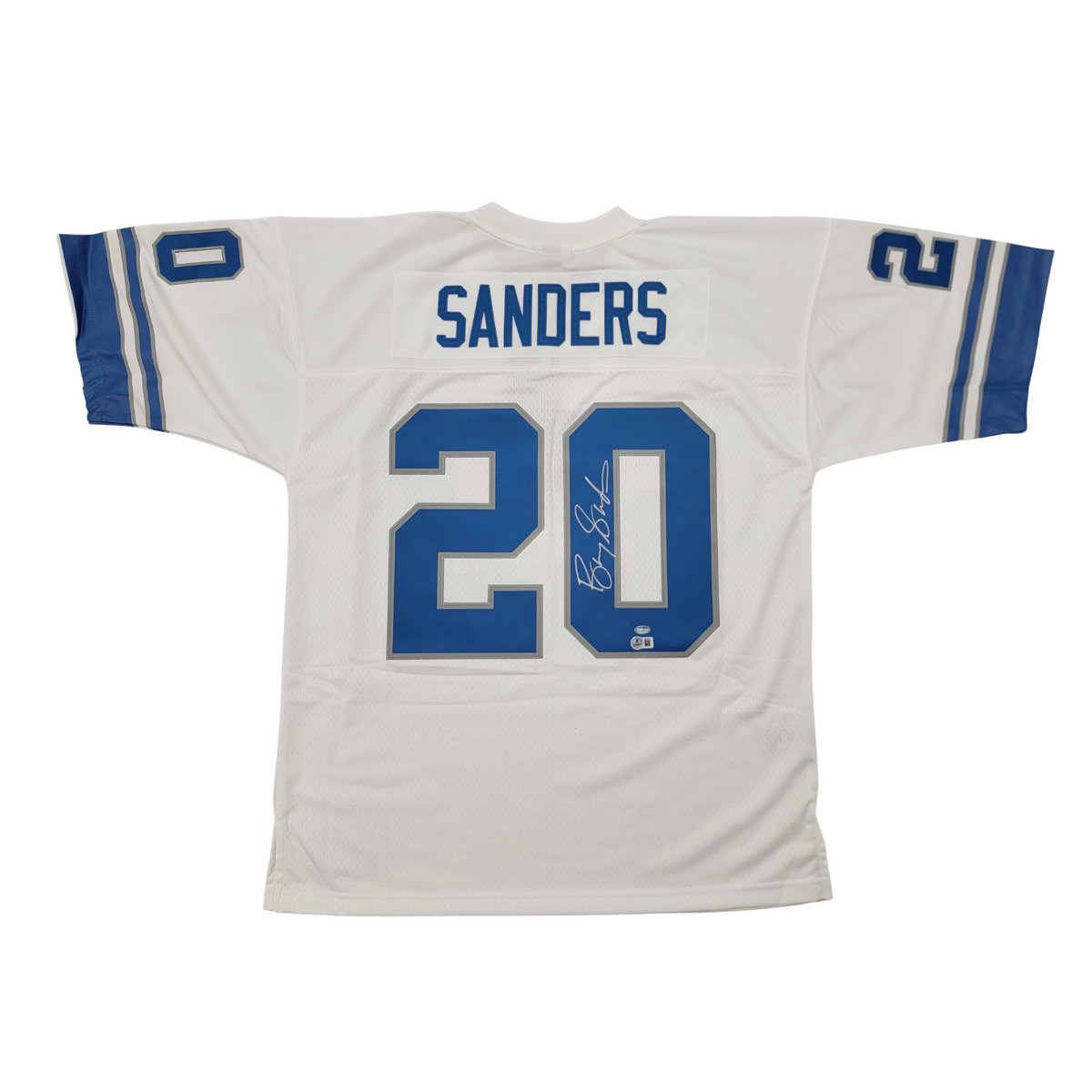 Barry Sanders Autographed Detroit Lions 1996 Mitchell & Ness White Throwback Jersey Beckett