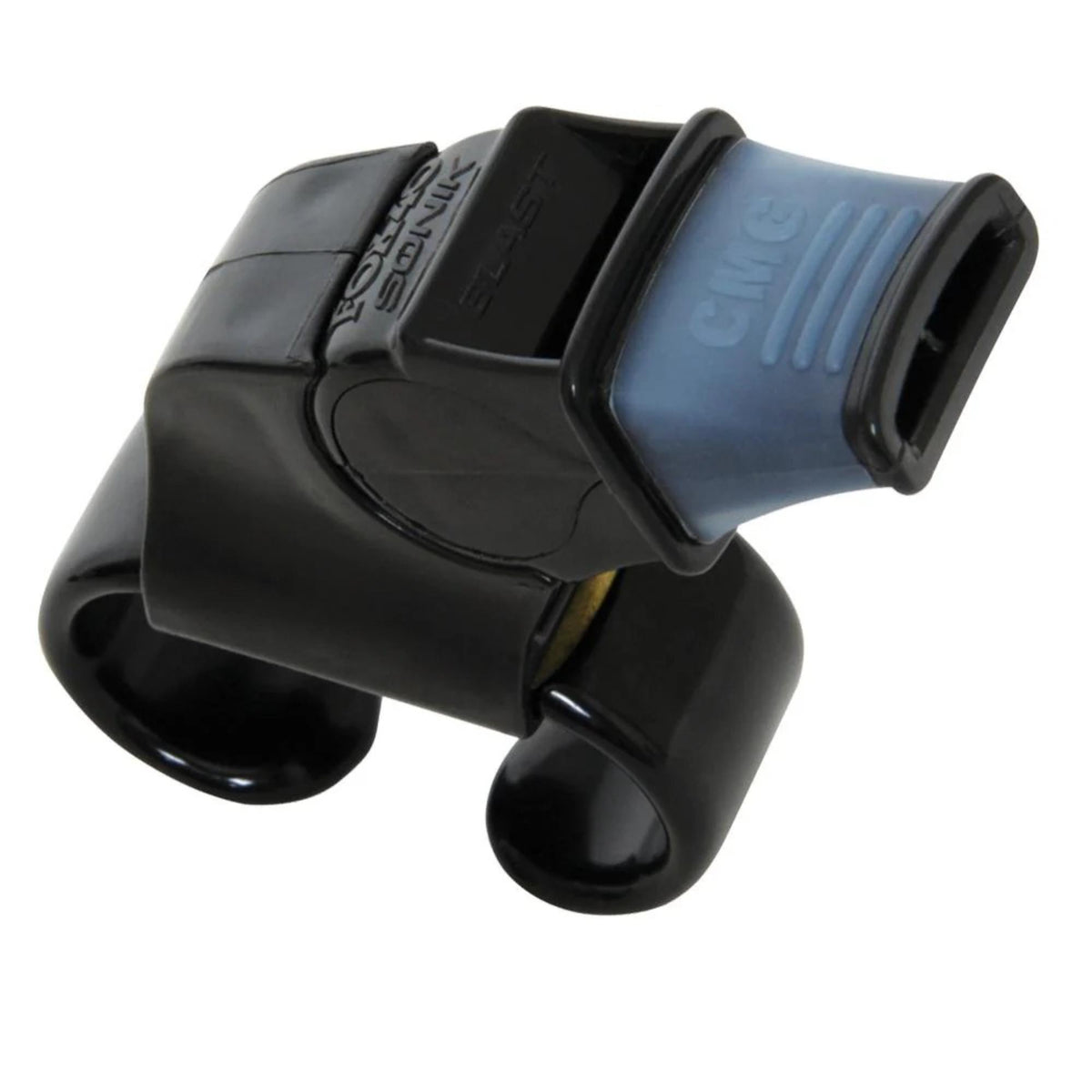 Compact safety whistle with cushioned mouth grip and integrated fingergrip for secure handling and control.