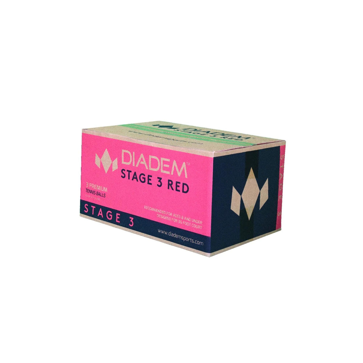 Case of Diadem Stage 3 red dot tennis balls packaged in boxes for beginner training and youth play.