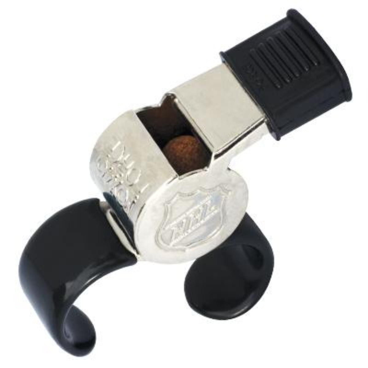 Metal whistle with cushioned mouth grip and attached finger grip for secure handling during sports or officiating.
