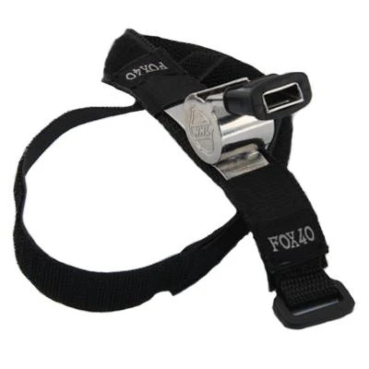 Metal whistle with cushioned mouth grip attached to an adjustable hand strap for secure use during sports or officiating.
