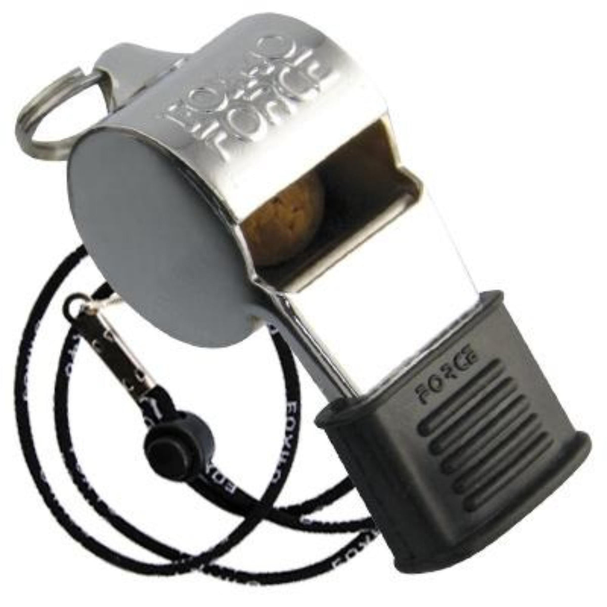 Metal whistle with cushioned mouth grip attached to a neck lanyard for convenient carrying and use.