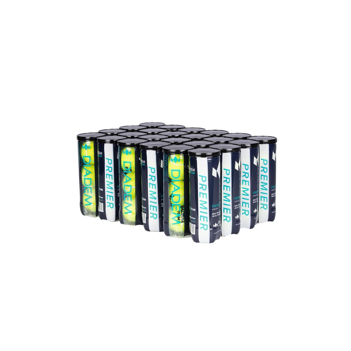 Case of Diadem Premier Team tennis balls in multiple cans arranged together for bulk purchase.